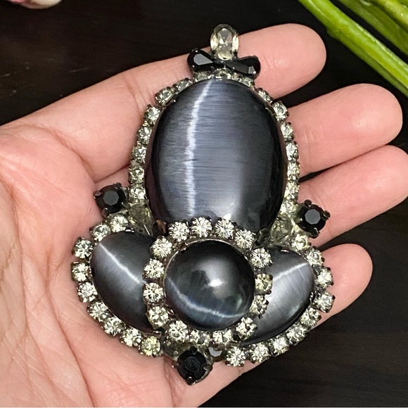 Stunning Vintage Black Cat Eye Moonstone Large Heavy Revival Brooch 66.5g - Picture 3 of 12